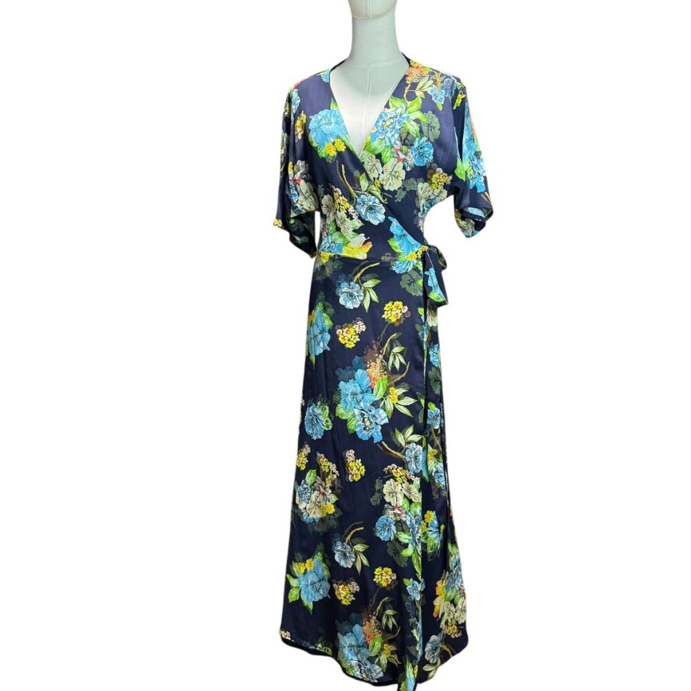 Roam Blue Floral Maxi Wrap Dress with Tie Back | Size M